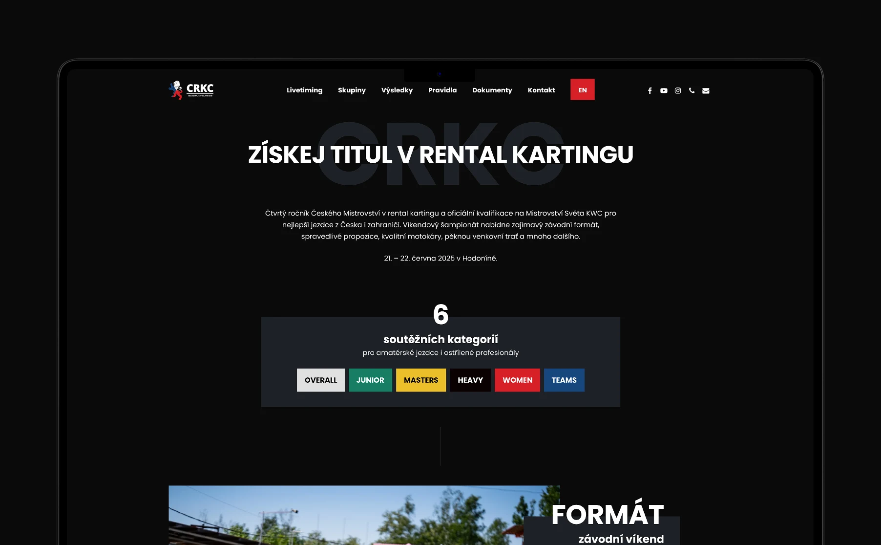 Modern website design for the Czech Rental Kart Championship (CRKC), featuring user-friendly navigation and a sleek aesthetic