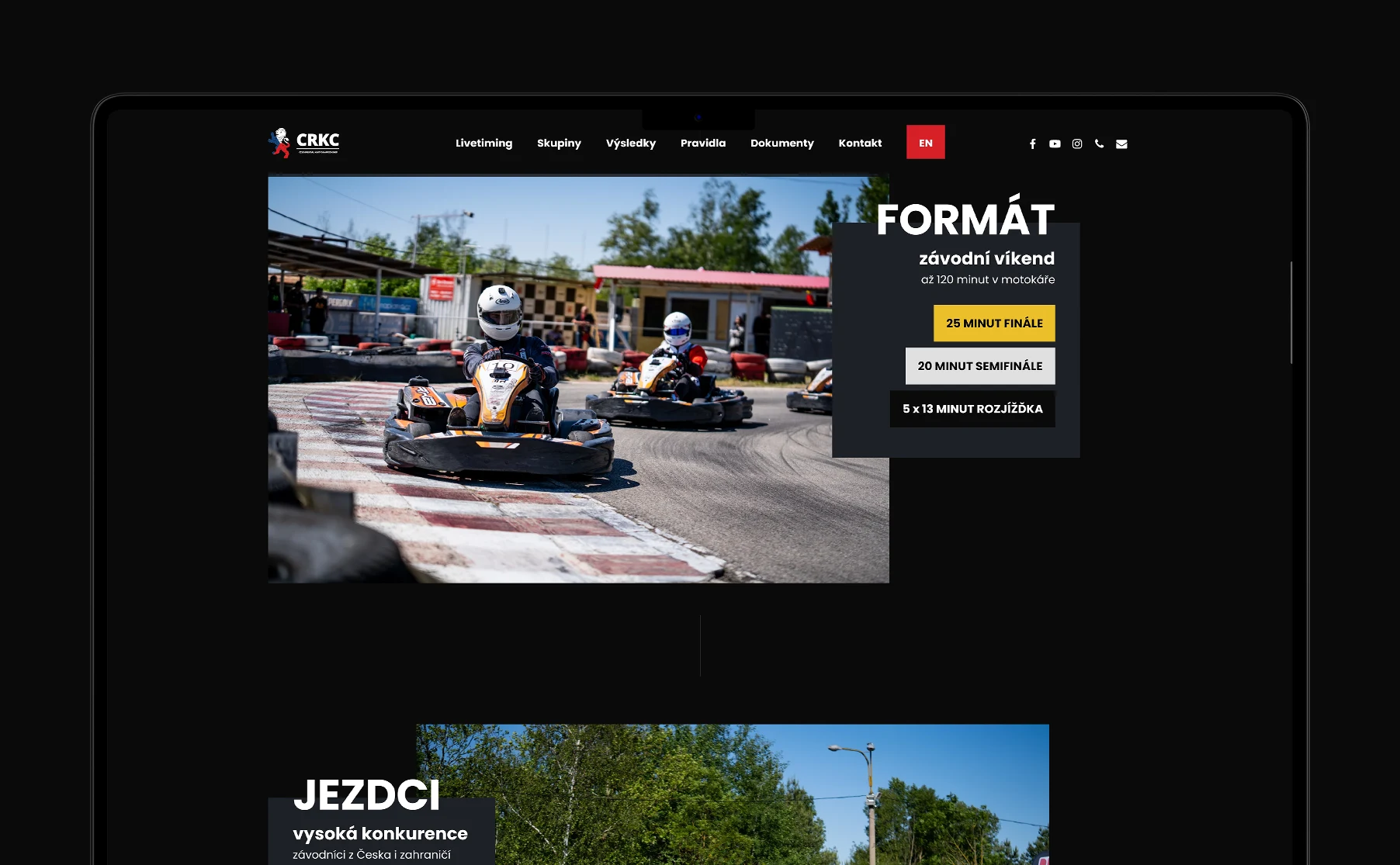 Modern website design for the Czech Rental Kart Championship (CRKC), featuring user-friendly navigation and a sleek aesthetic