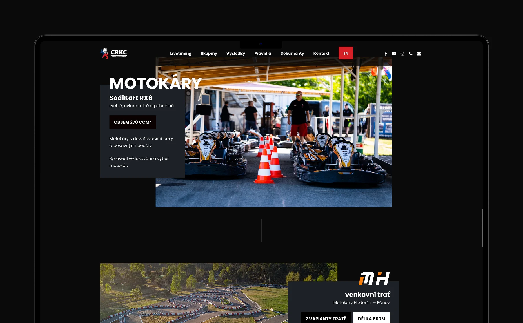 Modern website design for the Czech Rental Kart Championship (CRKC), featuring user-friendly navigation and a sleek aesthetic