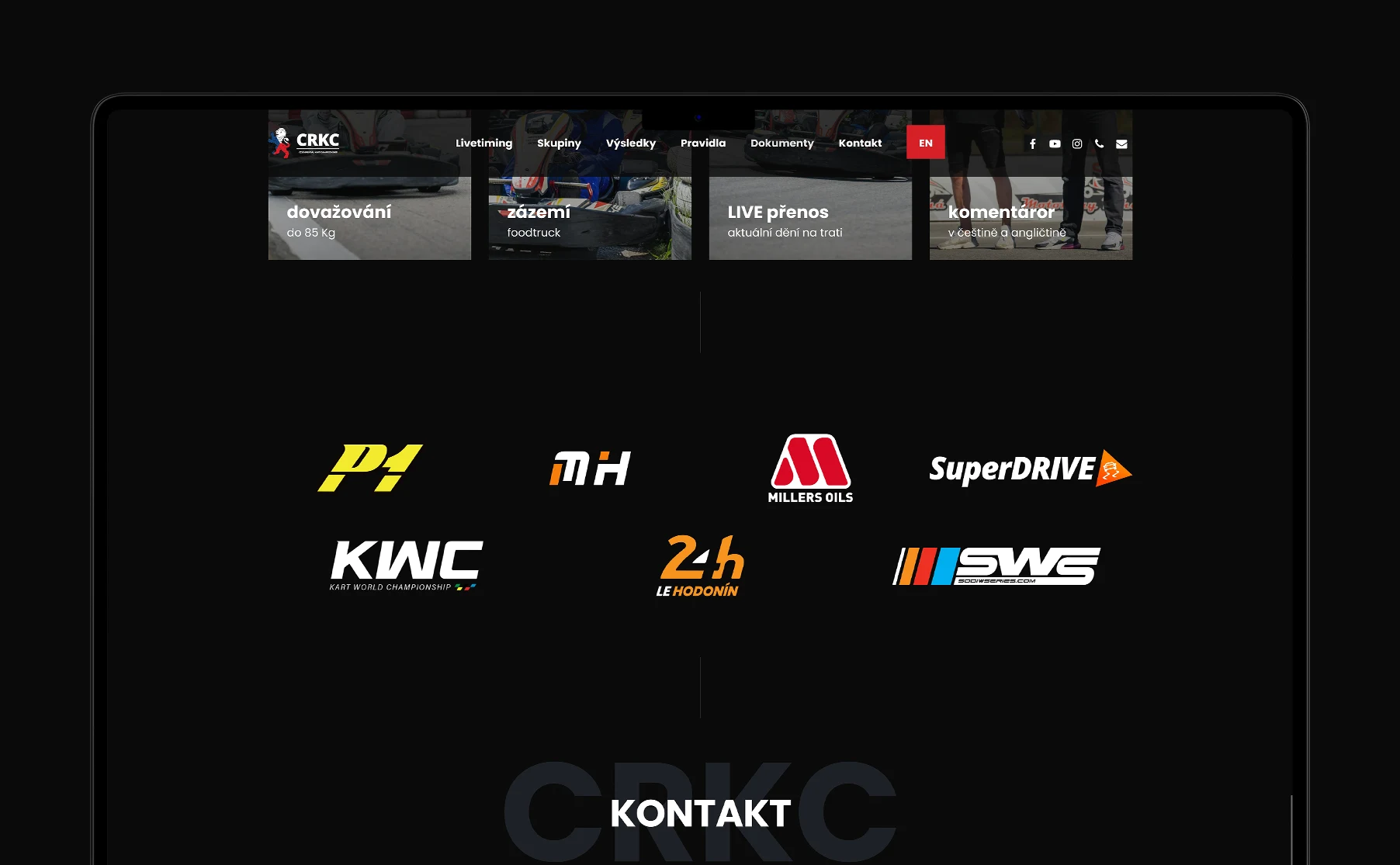 Modern website design for the Czech Rental Kart Championship (CRKC), featuring user-friendly navigation and a sleek aesthetic