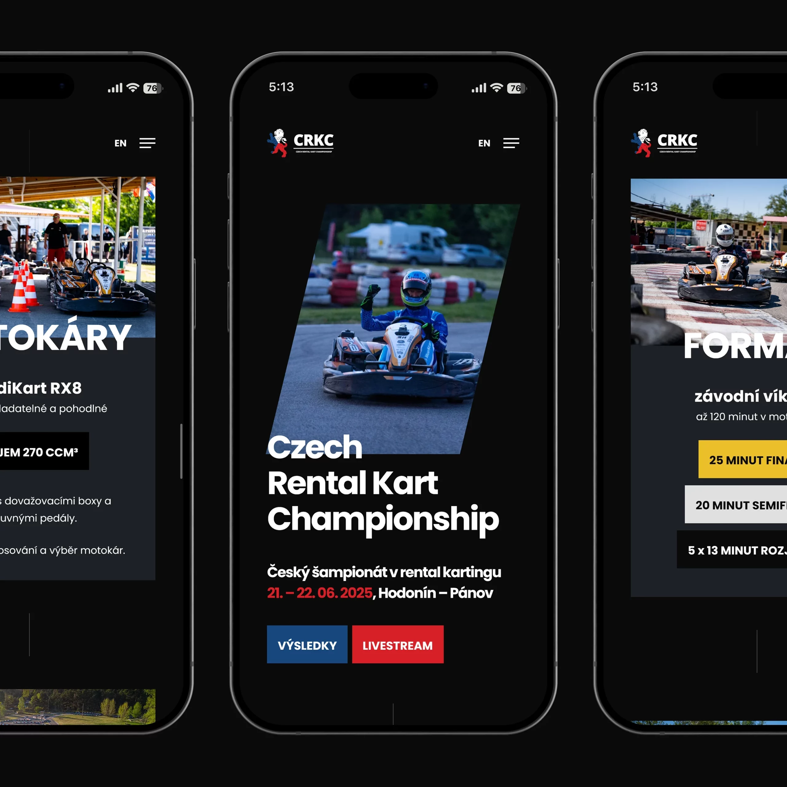 Modern website design for the Czech Rental Kart Championship (CRKC), featuring user-friendly navigation and a sleek aesthetic