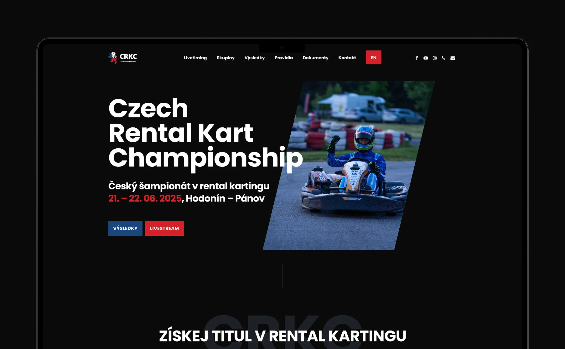 Modern website design for the Czech Rental Kart Championship (CRKC), featuring user-friendly navigation and a sleek aesthetic