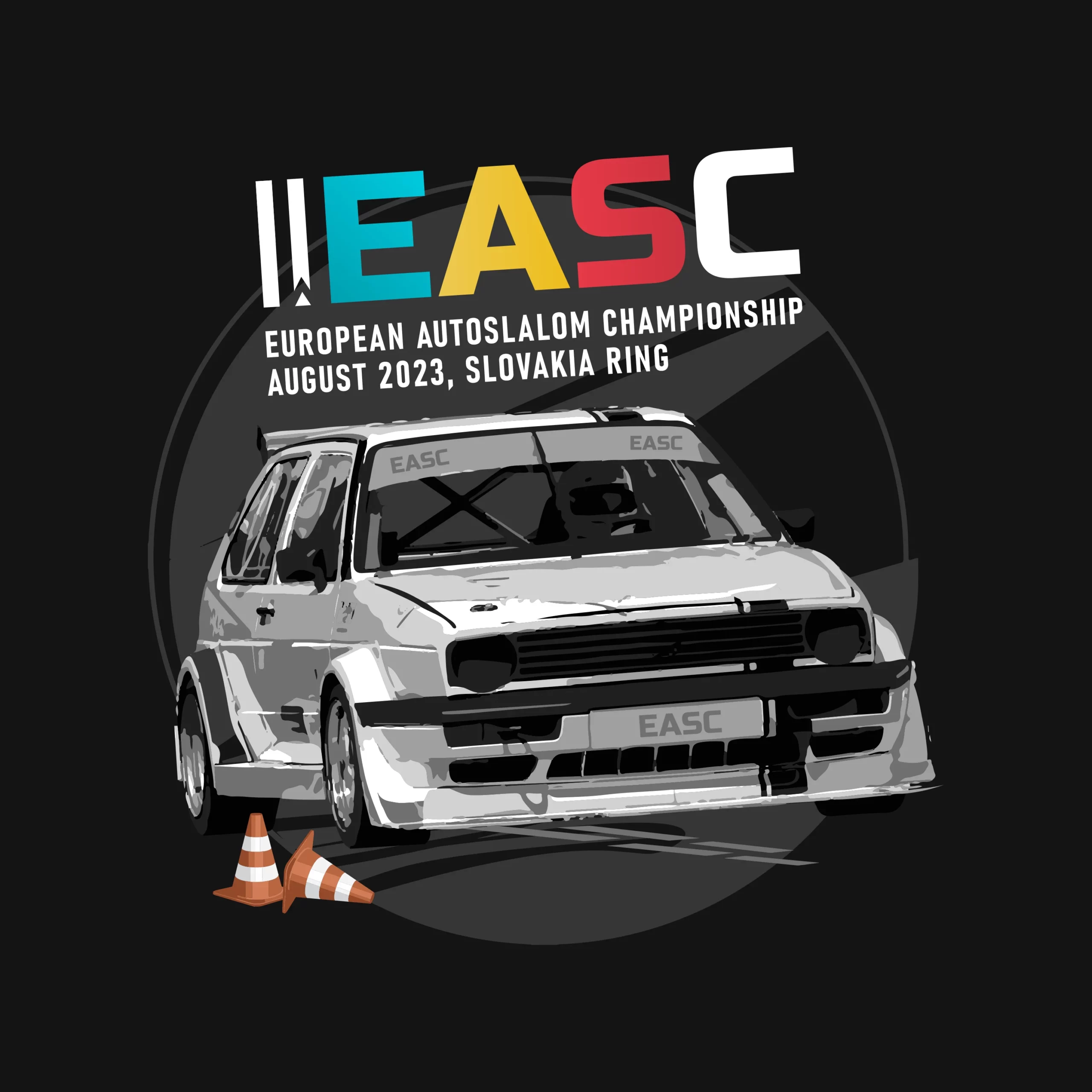 T-shirt design for the European Autoslalom Championship (EASC), highlighting the character of the event