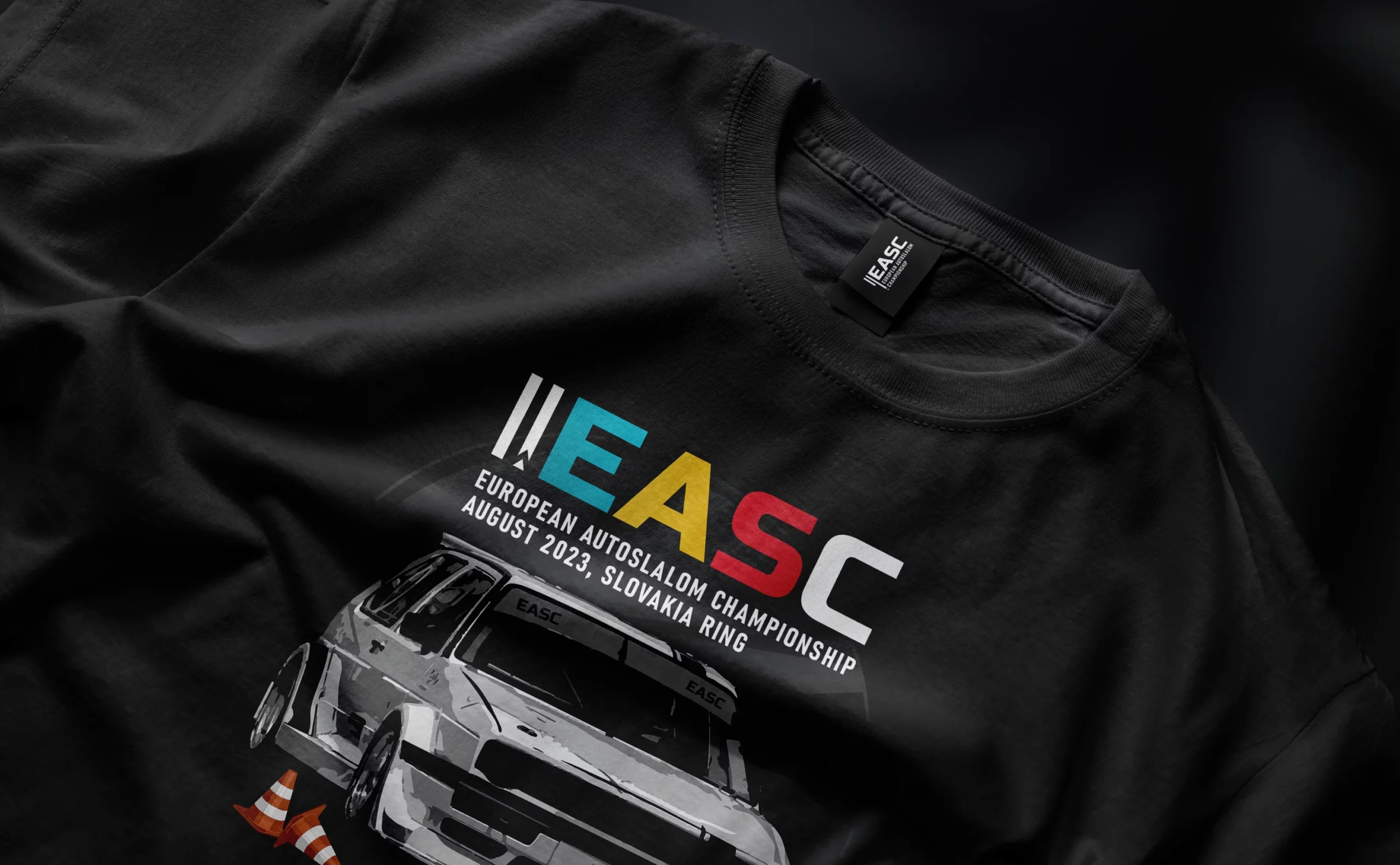 T-shirt design for the European Autoslalom Championship (EASC), highlighting the character of the event