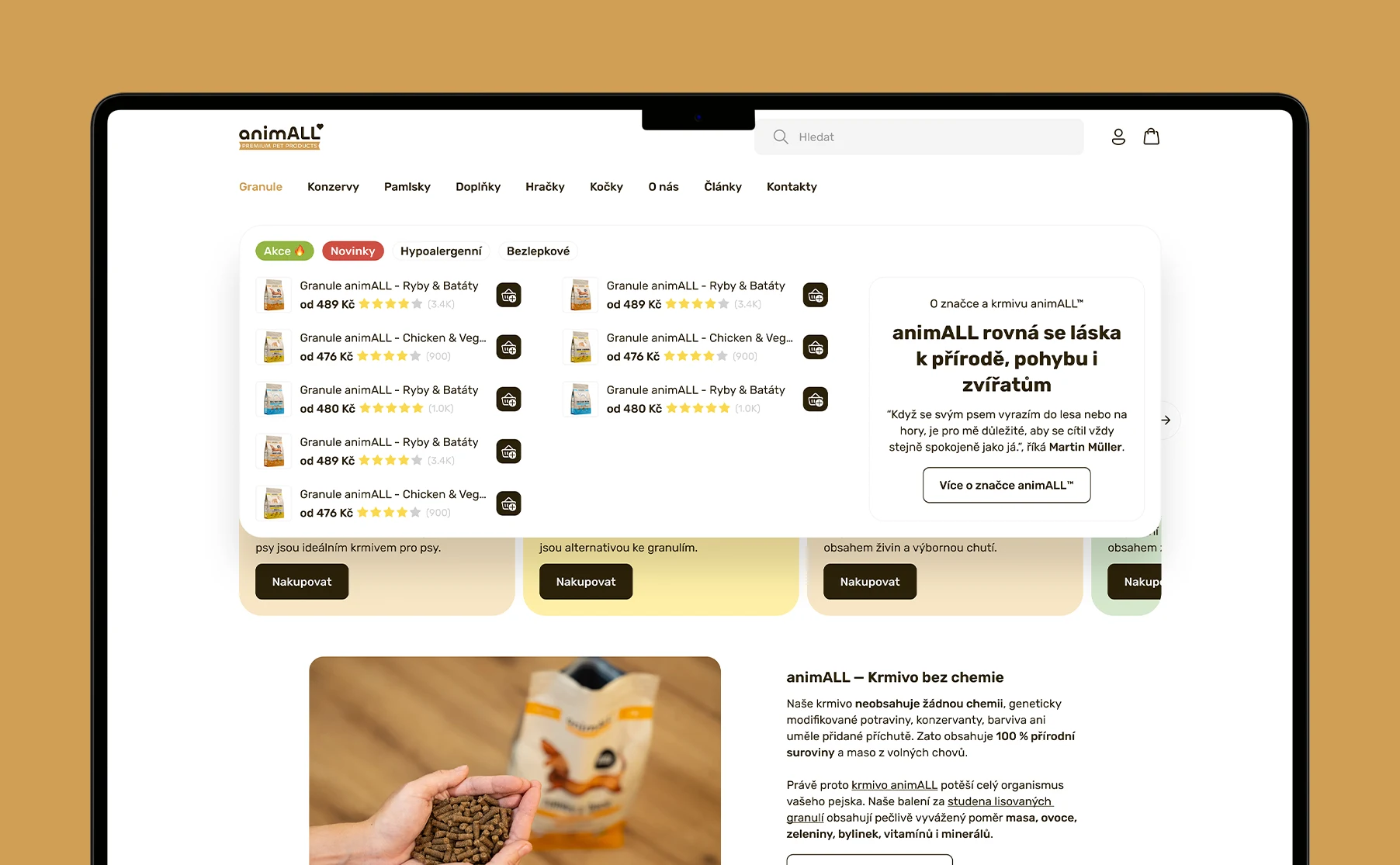 New UX and UI design for the Krmivo Animall e-shop, focusing on user-friendliness and aesthetics.