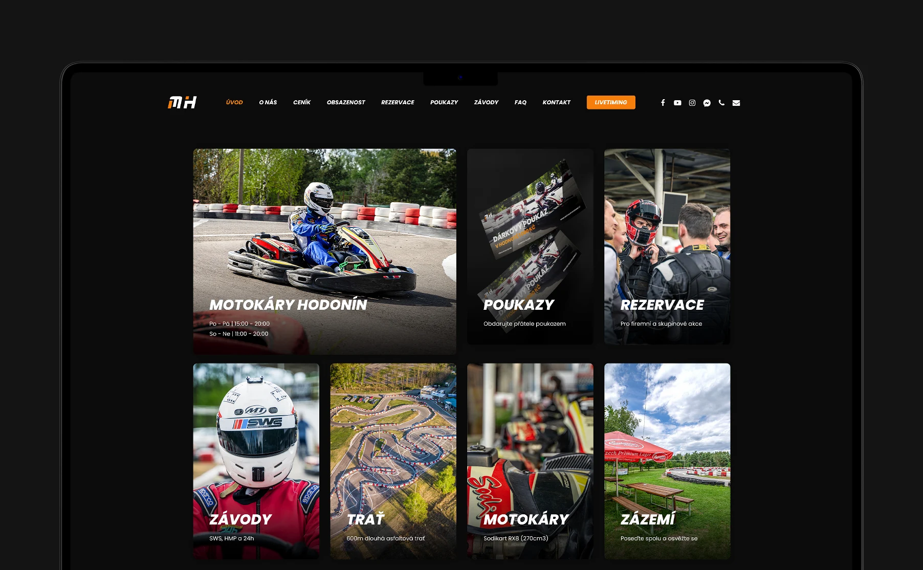 Modern website for Motokáry Hodonín, emphasizing captivating photography and a racing atmosphere