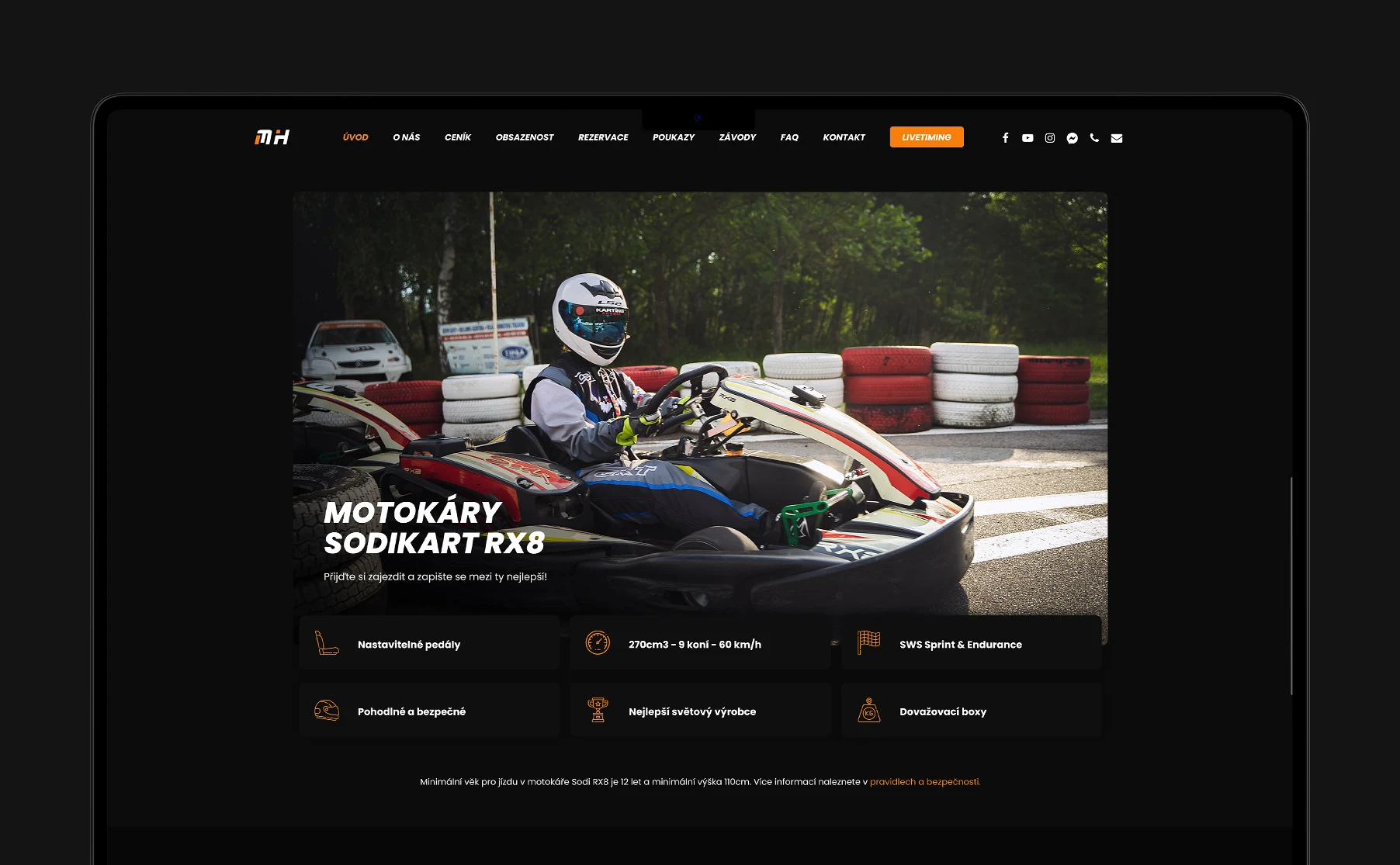 Modern website for Motokáry Hodonín, emphasizing captivating photography and a racing atmosphere