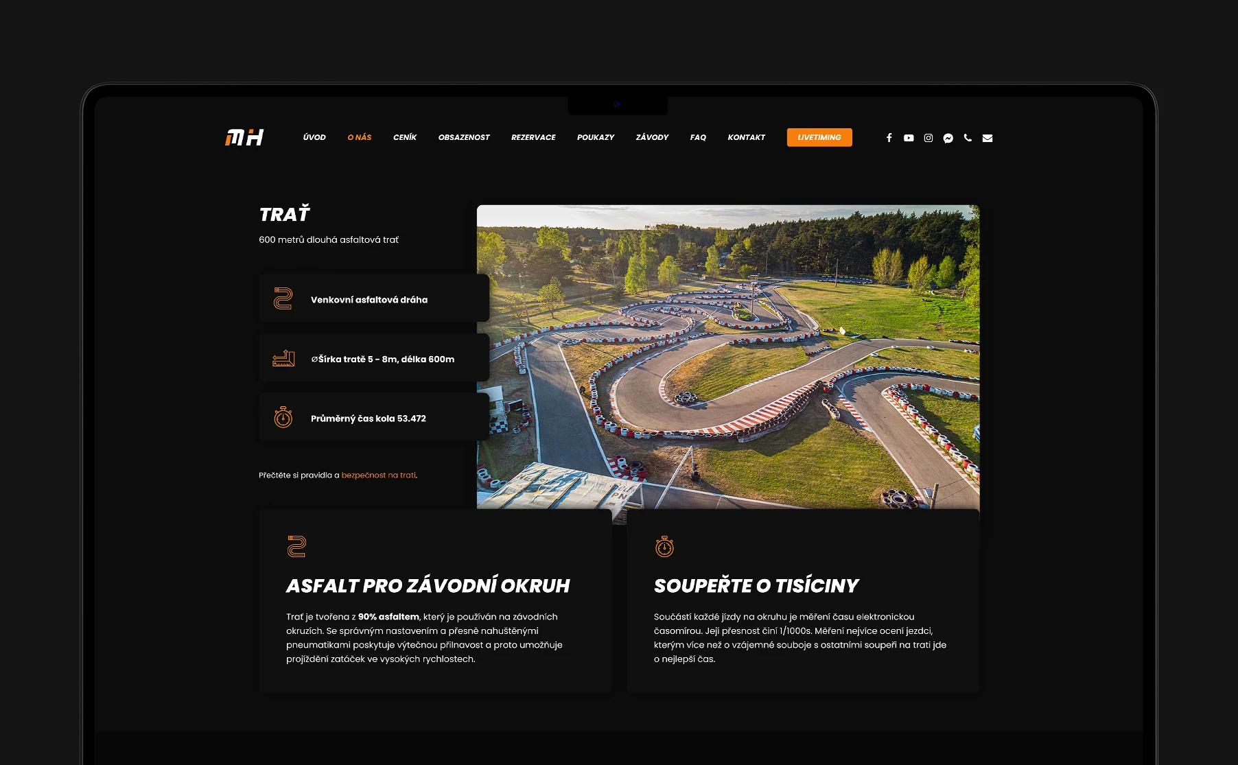 Modern website for Motokáry Hodonín, emphasizing captivating photography and a racing atmosphere