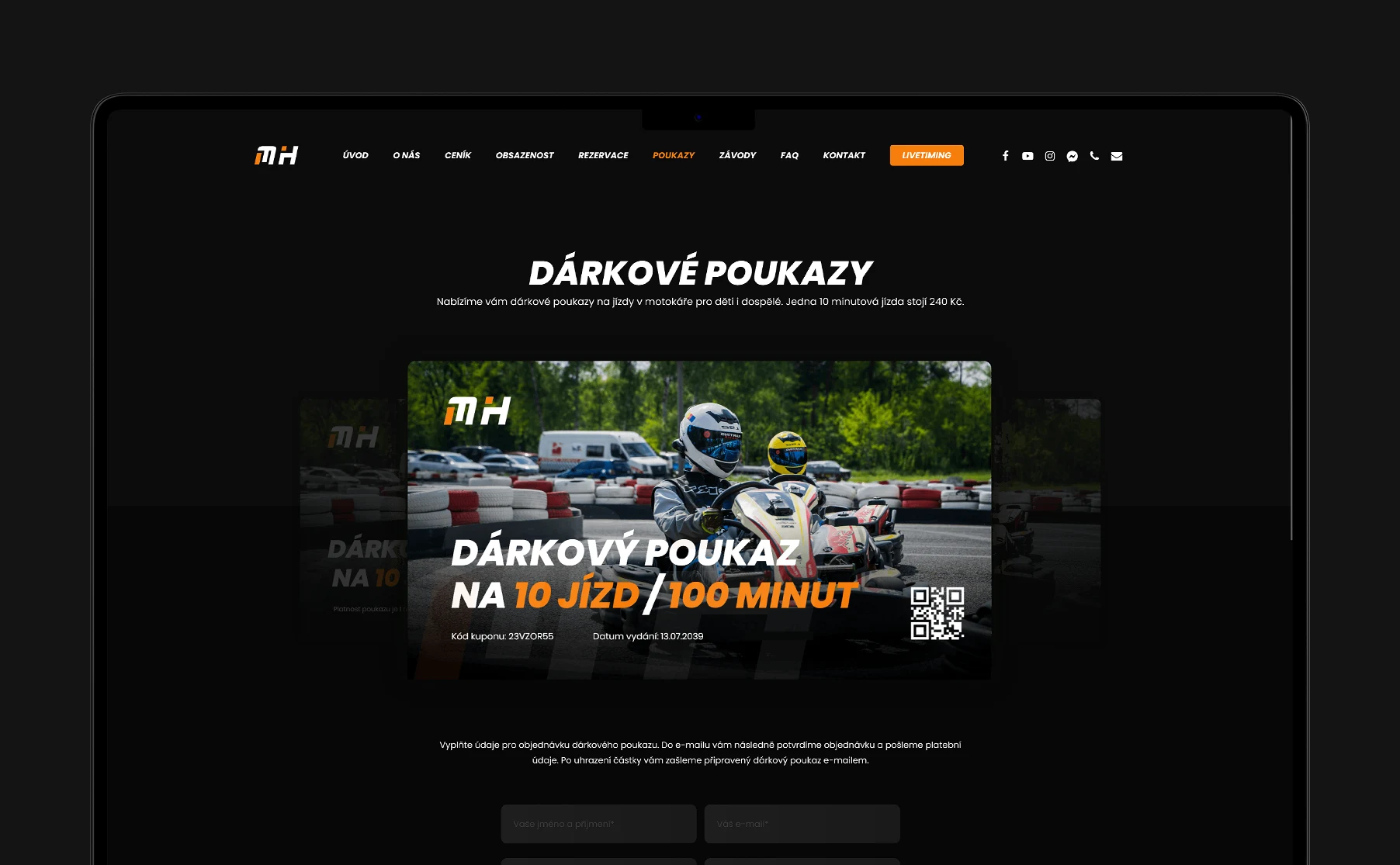 Modern website for Motokáry Hodonín, emphasizing captivating photography and a racing atmosphere