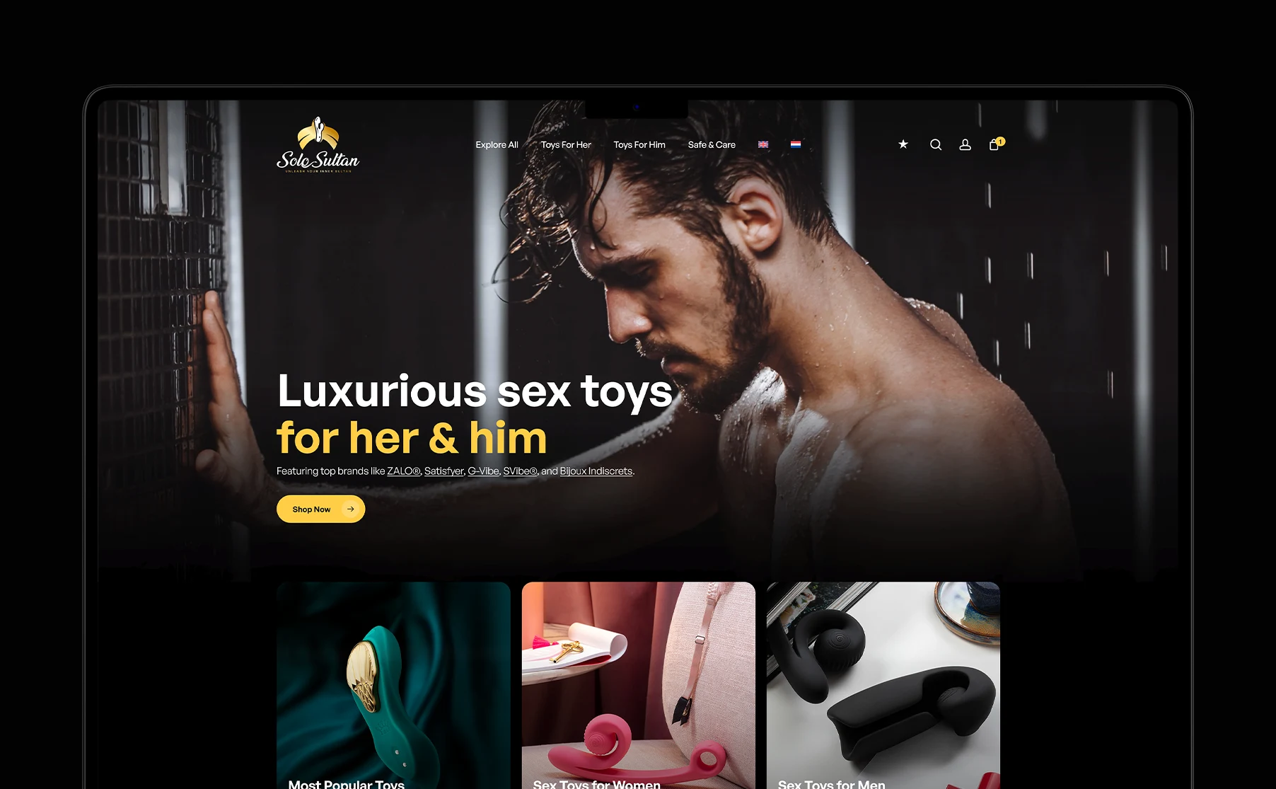 Website for the online sex shop Solo Sultan, offering luxury erotic toys, emphasizing attractive design and high-quality product materials.