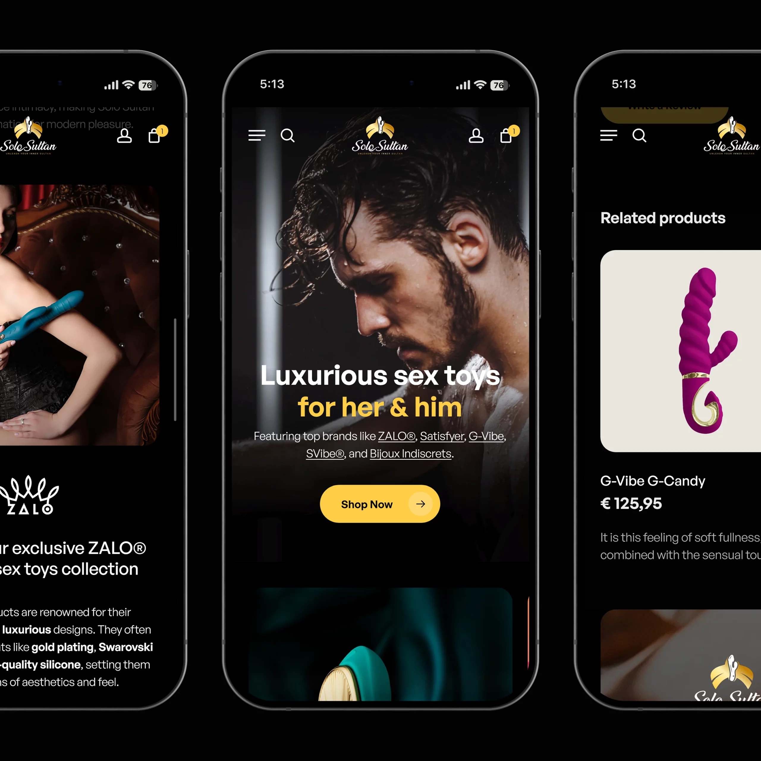 Website for the online sex shop Solo Sultan, offering luxury erotic toys, emphasizing attractive design and high-quality product materials.