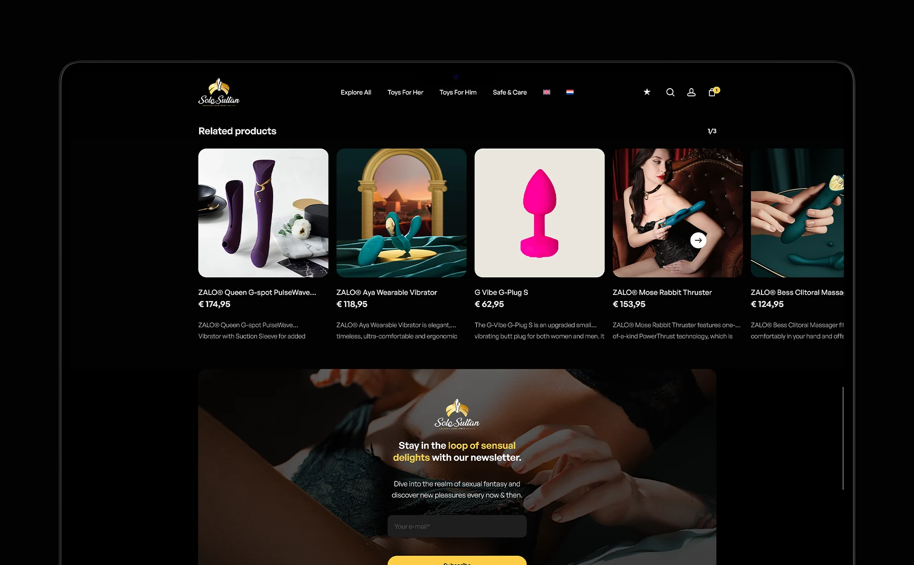 Website for the online sex shop Solo Sultan, offering luxury erotic toys, emphasizing attractive design and high-quality product materials.